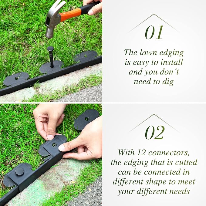 Wesiti 2" x150 Ft Landscape Edging Kit No Dig Garden Edging Border 2 Inch Pavers with 120 Anchoring Spikes Mulch Barrier for Lawn Driveway Flower Bed Playground Yard Grass, PE Black