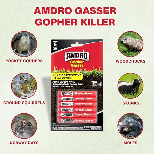 Amdro Gopher Gasser Bundle Pack – 6 Packs of Gopher Gassers (36 Total) with Professional Contractor Tips – Rodent Control for Lawns, Gardens & Golf Courses – Outdoor Use Only (6)