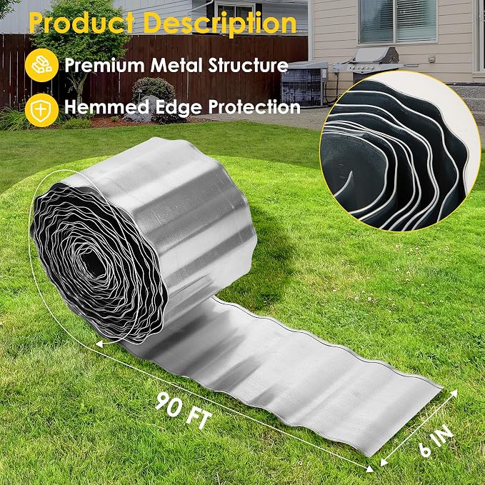 Vehipa Garden Edging Brooder for Landscaping, 6" x 90 Ft Corrugated Landscape Edging, Garden Bed Edging Lawn Edging for Flower Bed, Landscape Border for DIY Lawn, Yard (Silver)