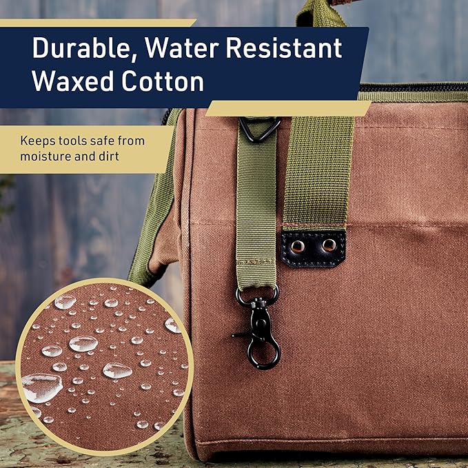 Waxed Canvas Tool Bag - 11.75” Heavy Duty Canvas Tote Bag Garden Caddy for Gardening Supplies or Tools with Wide Mouth 3 Interior and 3 Exterior Pockets - Gardening Gifts Men by Kings County Tools