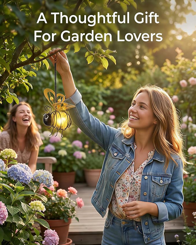 Solar Hanging Bee Light – Outdoor Metal Garden Decor with LED Glow, Yellow Glass Body – Waterproof Solar Powered Insect Ornament for Yard, Tree, Porch, Patio Outdoor Lighted Holiday Displays (2 Pack)