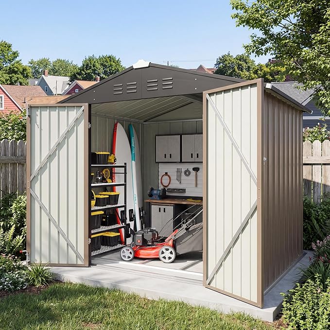 Greesum 8x6FT Outdoor Storage Shed with Base, Utility Tool Shed with Sloping Roof, Metal Storaged Garden Shed with Door & Lock for Patio Storage, Brown