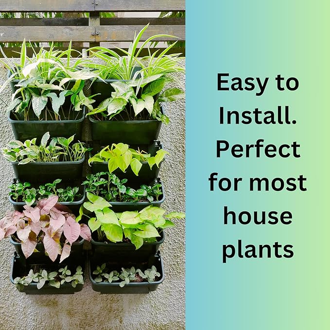 Maxona Vertical Wall Planter for Indoor Plant-Walls Mounted Pot with 2 Drainage Tray 8 Pack, 13 inch Dark Green for Indoors and Outdoor Decor, Plastic Pots Balcony Planters, Plants Hanging