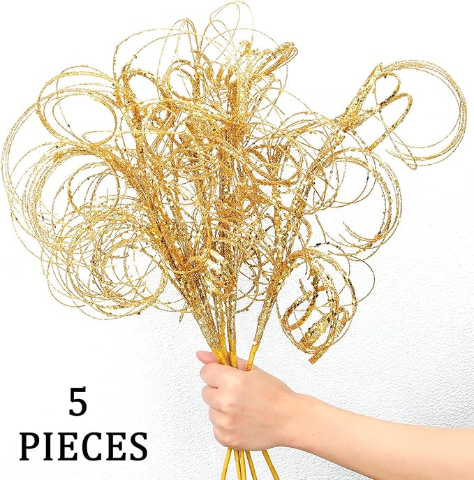 Yinder 18.5'' Glitter Curly Christmas Spray Wispy Christmas Picks Artificial Curly Twigs Branches for Vases Glitter Branches for Xmas Tree Vases Wreath Garland Banquet Decoration, 5 Pieces(Gold)