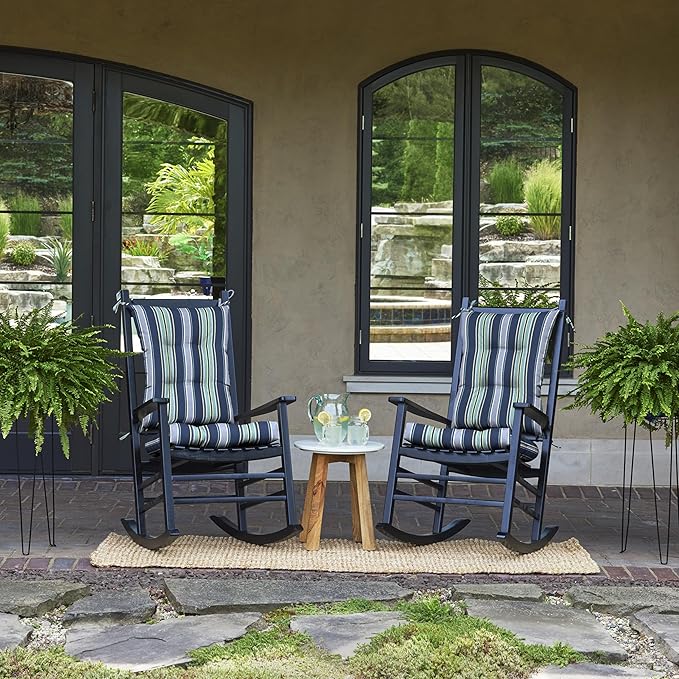 Arden Plush Indoor/Outdoor Rocking Chair Cushion Set, 18 x 20, Water Repellent, Fade Resistant, Tufted Cushion for Rocking Chairs Sapphire Aurora Blue Stripe