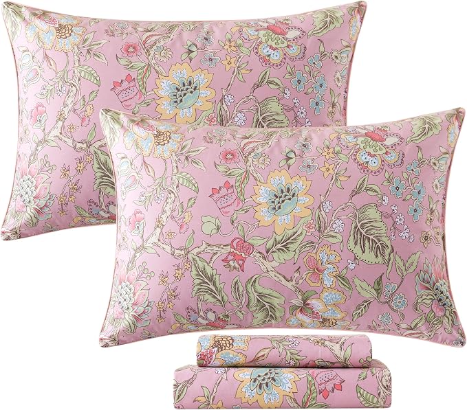 FADFAY Queen Sheet Set 4Pcs 100% Egyptian Cotton Sheets Deep Pocket Soft Breathable Vintage Misty Pink French Country Bedding Shabby Cottagecore Floral Bedding Luxury Hotel Quality for All Seasons