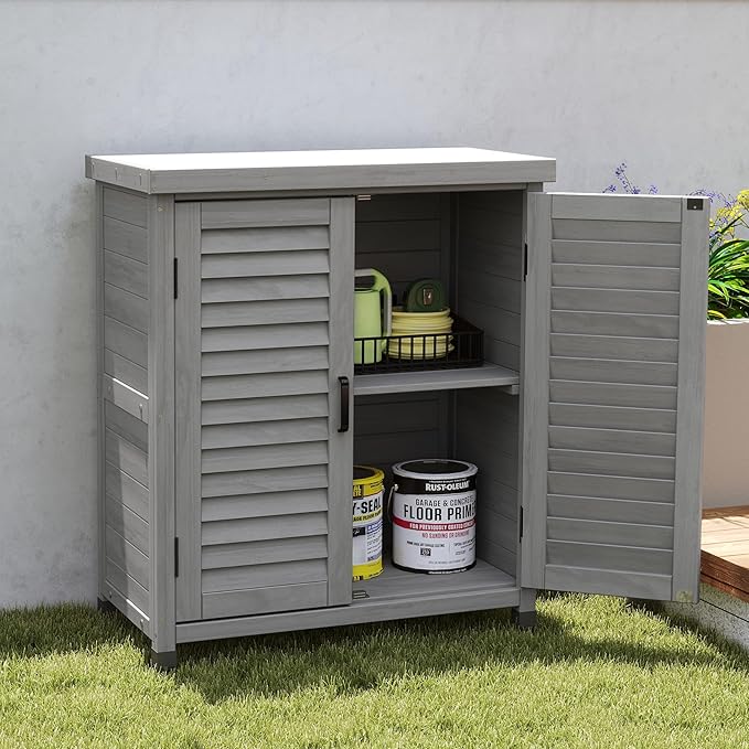YOPTO Outdoor Wood Storage Cabinet,Garden Shed Tool with Metal Table Top, Backyard Waterproof Shelter W/Ventilated Screen Door & 2 Handles,2 Compartments,Workstation for Lawn,31x17x36'',Grey