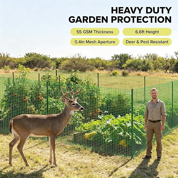 6.6x50ft Plastic Mesh Fence with Reinforced Double Black Edges, Heavy Duty Deer Fencing and Garden Netting Animal Barrier, 0.4in Square Mesh Safety Fence for Yard, Poultry and Plant Protection