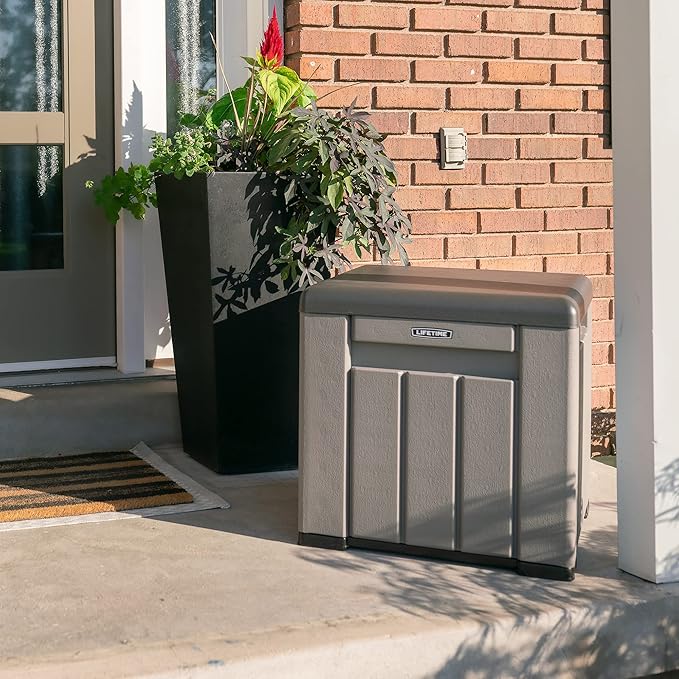 Lifetime 60186 Heavy-Duty Outdoor Storage Deck Box, 116 Gallon, Desert Sand/Brown & 60372U Outdoor Storage Cube Deck Box for Patio Furniture Cushions, Toys, Garden Tools, Pool Accessories, Gray