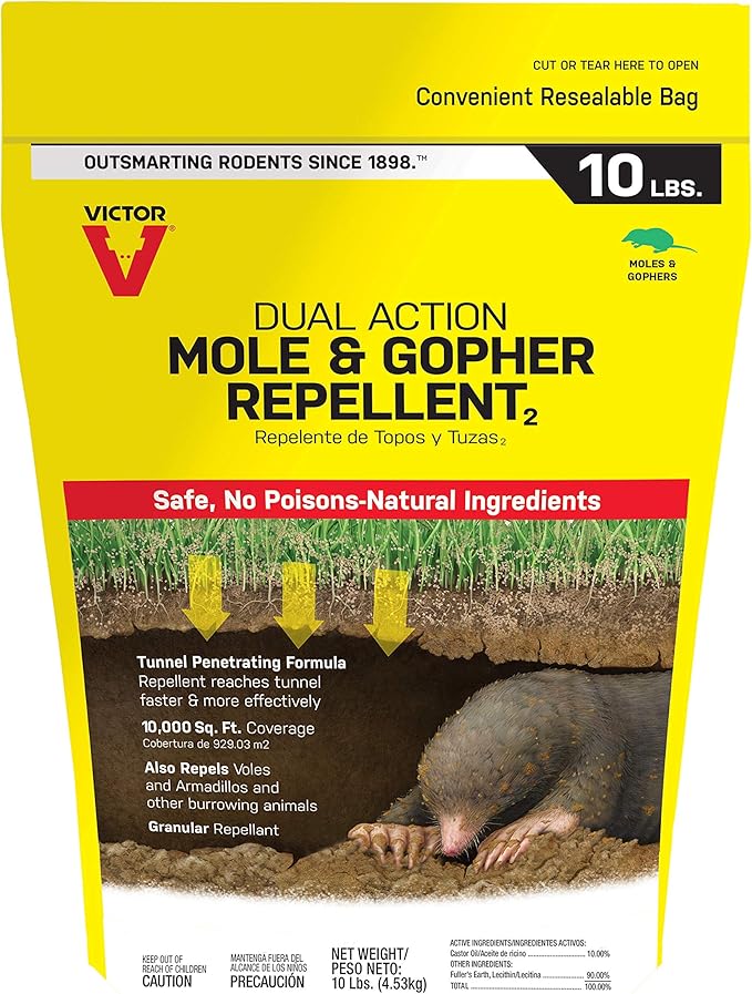 Victor Mole and Gopher Repellent - Repels Mole, Gopher, Vole, and Other Burrowing Animals - Repel Rodents Outdoors - M7002-2 - 10 lb Bag