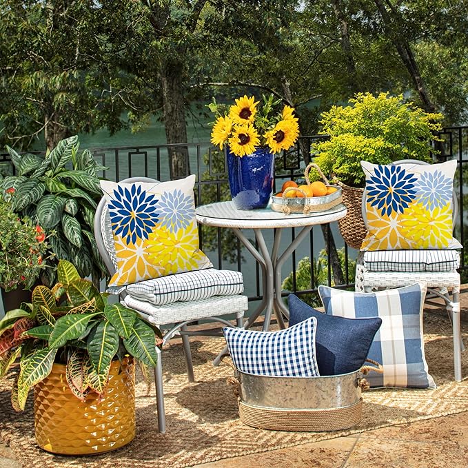 DFXSZ Outdoor Pillow Covers 20x20 Inch Set of 2 Yellow Blue Flower Decorative Waterproof Spring Summer Outdoor Pillow Covers for Patio Funiture Garden Couch 168E20