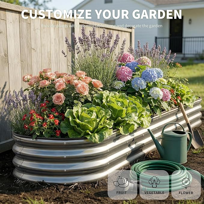 Planters for Outdoor Plants, 8×2×1ft for Outdoor Garden Box with Easy Assembly,Oval Large Galvanized Gardening Raised Bed for Vegetables, Fruits, Flower Silver