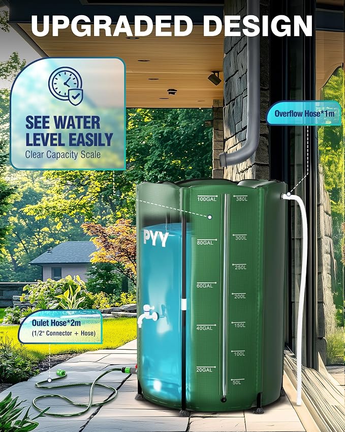 PYY Rain Water Collection Barrel - 100 Gallon Green Large Water Storage Tank with Spigots, Portable Rain Catcher to Collect Rainwater from Gutter, Plastic Rain Catchment System with Collapsible Bucket