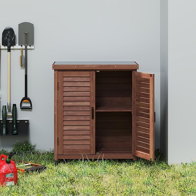 YOPTO Outdoor Wood Storage Cabinet,Garden Shed Tool with Metal Table Top, Backyard Waterproof Shelter W/Ventilated Screen Door & 2 Handles,2 Compartments,Workstation for Lawn,31x17x36'',Coffee