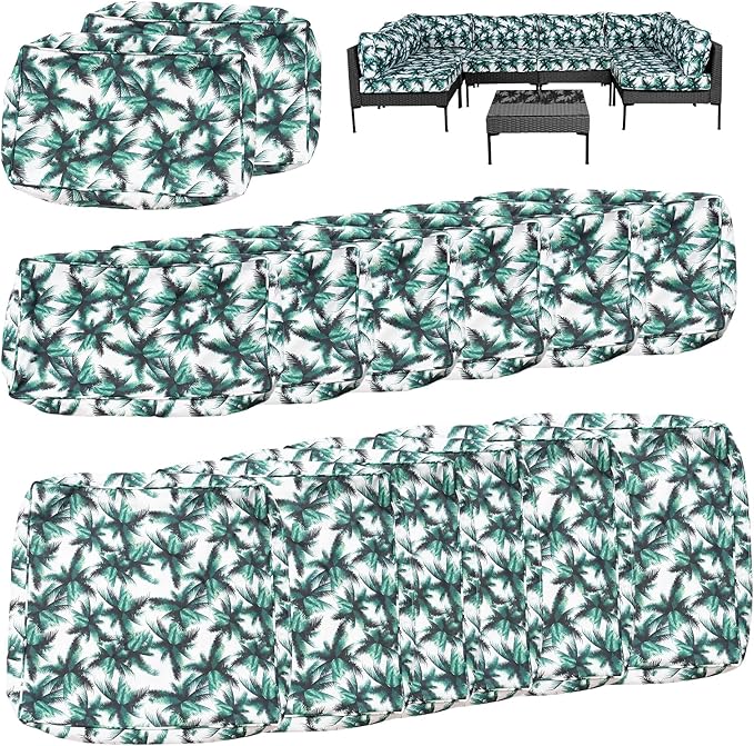 14Pcs Outdoor Cushion Covers Replacement Washable Waterproof UV w/Zipper for 6-Seaters Sofa Patio Slipcovers Set Seat and Back Covers Only (Palm Leaf, 25x25x3.15inch)