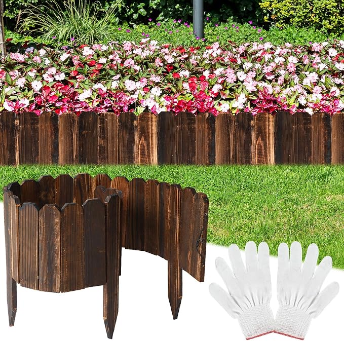 Bucherry 1 Pcs Rustic Wood Garden Edging Border 7.9 in H x 3.9 ft L Antiseptic Wood Garden Landscape Edging Fence with Gloves for Decorative Yard Pathway Flower Bed Lawns Pathway Tree