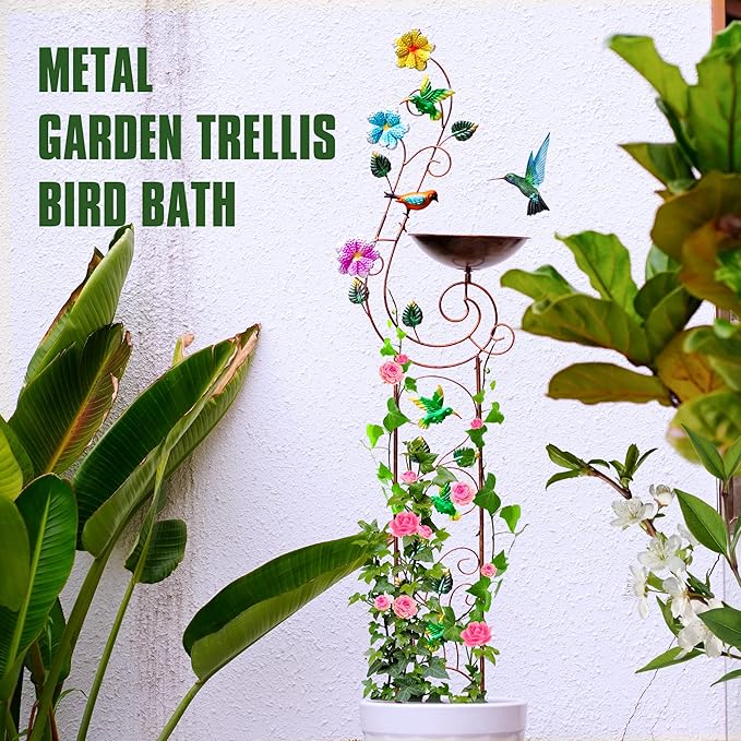 YYWMWM 57" Height Metal Bird Bath with Trellis for Outdoor, Vintage Decorative Bird Baths, Small Garden Plant Support, Antique BirdBath for Climbing Plants with Detachable Iron Bowl (Hummingbird)