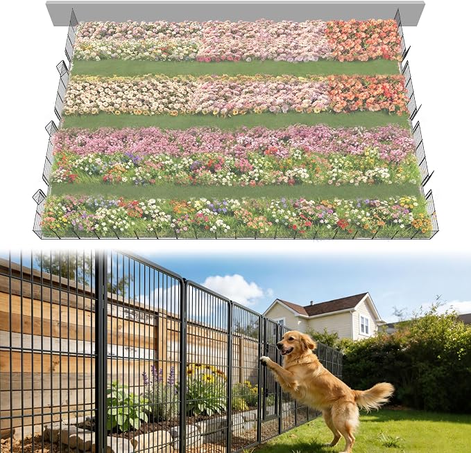 FXW Garden Fence Outdoor for the Yard – 40in(H) x 109.4ft(L) Heavy Duty Metal Animal Barrier for Dog, No Dig Decorative Dog Fence, 48 Panels, Black