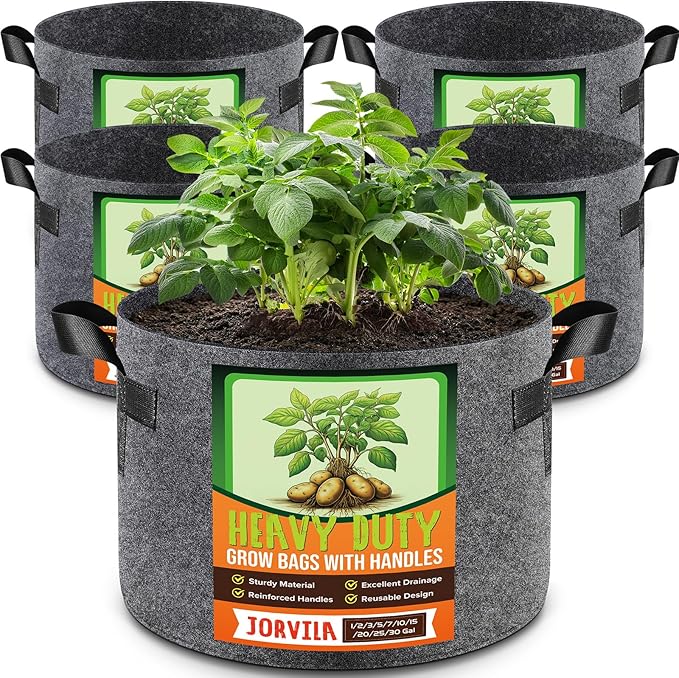 Jorvila 5 Pack 10 Gallon Grow Bags, Thickened Nonwoven Fabric Planter Pots with Handles, Heavy Duty 300G Garden Pots for Tomato, Potato and Vegetable
