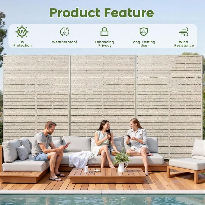 Outdoor Privacy Screen 72" H HDPE Decorative Freestanding Privacy Panel, Sandblasting Louvered Privacy Screens with Stand, Weather-Resistant Panel for Patio, Balcony, Backyard(6 Panels)