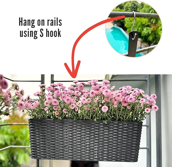 LaLaGreen Bundle- 2 Pack, 20 Inch Black Self Watering Planter + 6 Pack, 9.8 Inch Black Metal Pot Wall Mount Hanging Flower Herb Boxes Window Rail Fence Modern Balcony Countryside Style Garden Decor