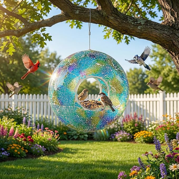 Mosaic Bird Feeder - Outdoor Fly Through Wild Hanging Bird Feeders with Mosaic Glass Design, 9 Inch, Blue