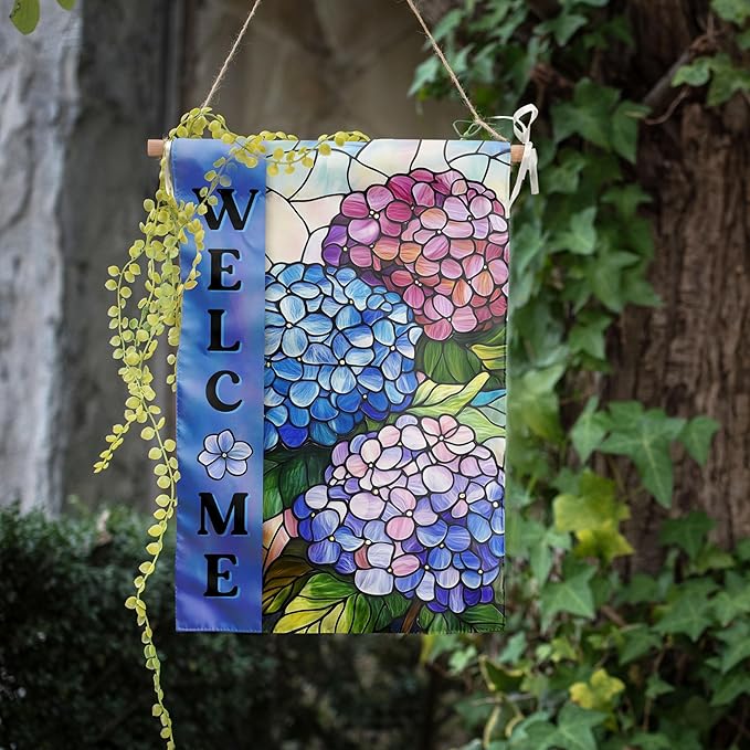 Hydrangea Spring Summer House Flag 28 x 40 Double Sided for Outside Stained Glass Flower Garden Decor Blue Floral Welcome Outdoor Yard Banner