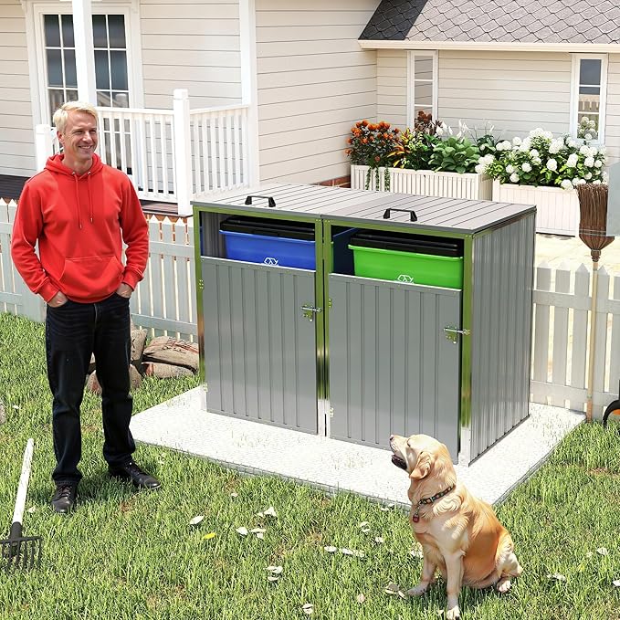 YOPTO Outdoor Storage Shed Metal Trash Can Storage,54 Cu.Ft Garbage Can Storage Shed W/Lid Chain,Hydraulic Mechanism & Pneumatic Spring Support Rods,for 2 Trash Bins,Bike,Garden Tools,Light Gray