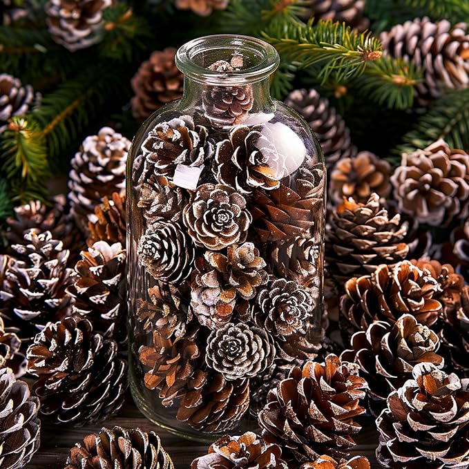 Deloky 150 Pcs Christmas Natural Mini Pine Cones- 1" Small Christmas Snow Pinecones Ornaments- Thanksgiving Mini Snow Pinecones for DIY Crafts Vase Fillers Fall Winter Home Christmas Tree Decor