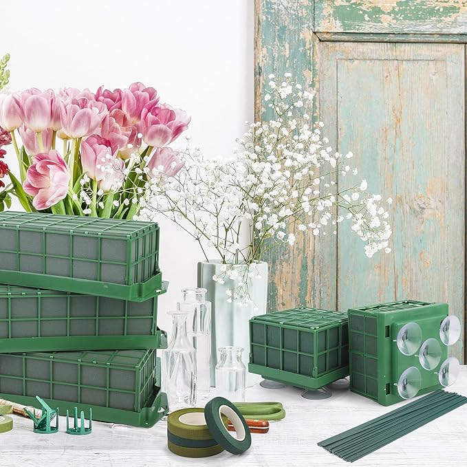 Hahood 18 Packs Floral Foam Cage Rectangle and Square Flower Holder with Floral Foam Blocks Flower Cage Holders Flower Arrangements Supplies Cage for Fresh Flowers, Wedding Home Garden Decorations