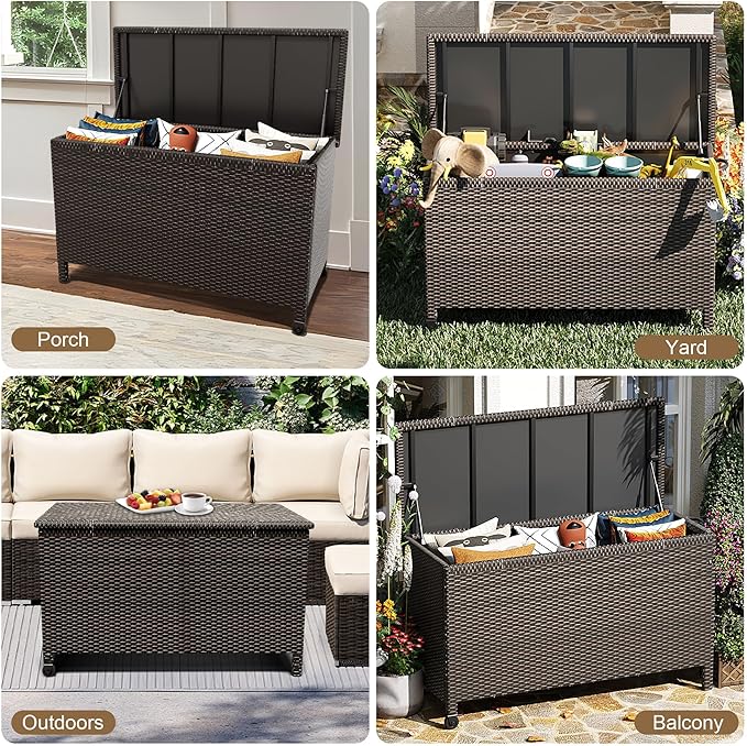 185 Gallon Outdoor Deck Box,Large Storage Bins with Lid, 2 Wheels and Handles, Patio Outdoor Bench with Storage, PE Rattan Wicker Box for Store Garden Tools, Patio Furniture Cushions, Pool Supplies