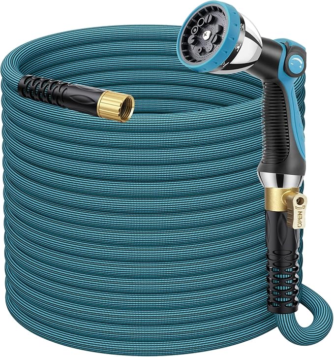 FlexiSolve NON-EXPANDABLE Garden Hose 150 ft, Ultra Lightweight Flexible Water Hose with 10-Pattern Nozzle & Shut-Off Valve, Holder, Leakproof & Kink-Resistant Reinforced Fittings for Yard Outdoor
