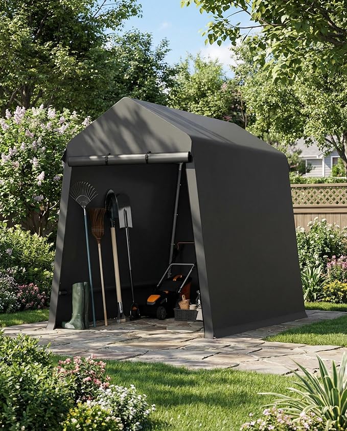 Garvee 6X8 Ft Outdoor Storage Shed, 2 Rolled Up Zipper Doors Portable Storage Shed, Waterproof Cover Vents Carports Temporary Shelter for Bike, Motorcycle, Gardening Tools, Generator, Black