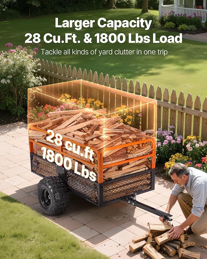 VEVOR 28 Cu.Ft 1800Lbs Steel ATV UTV Trailer Tow Behind Dump Cart, Heavy Duty Pull Behind Utility Dump Trailer for Lawn Mower Trailer Tractor Garden Yard with Removable Rear Panel