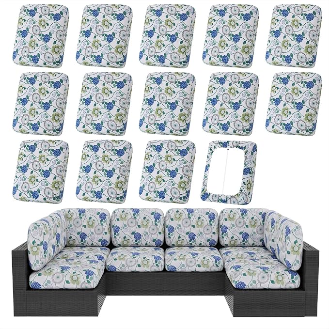 hyha 14Pcs Patio Cushion Covers, Stretch Outdoor Couch Cushion Covers, Washable Outdoor Chair/Sofa Slipcovers for Patio Furniture Cushions Protector with Elastic Bottom(Botanical Bloom,Cover Only)