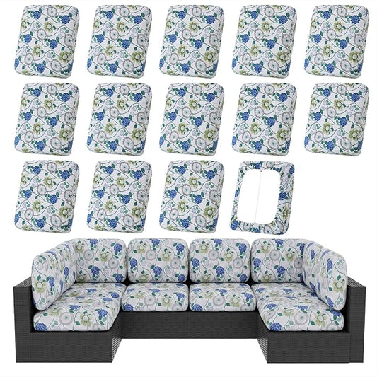 hyha 14Pcs Patio Cushion Covers, Stretch Outdoor Couch Cushion Covers, Washable Outdoor Chair/Sofa Slipcovers for Patio Furniture Cushions Protector with Elastic Bottom(Botanical Bloom,Cover Only)