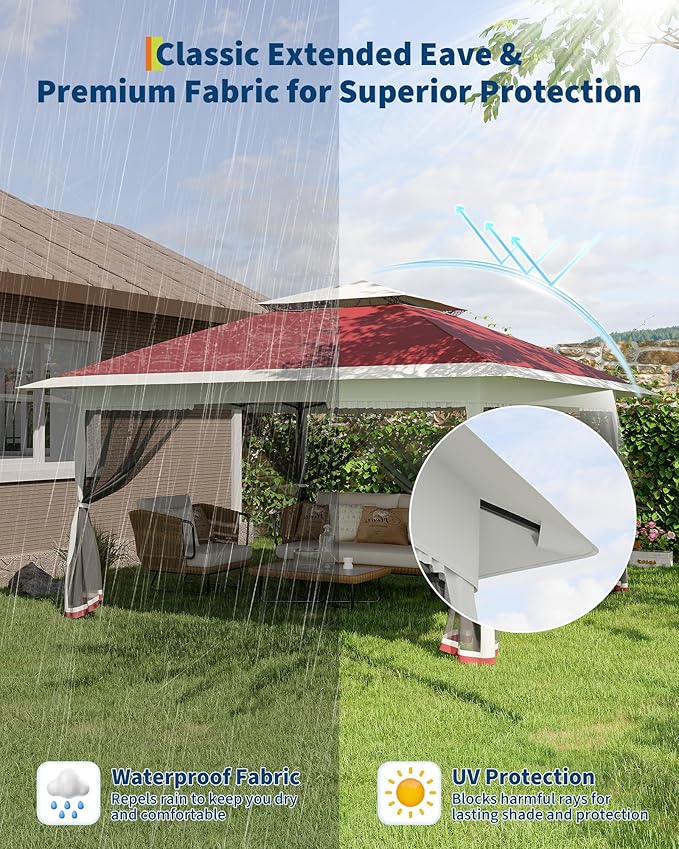 GarveeLife Canopy Tent 13x13 ft, Pop Up Gazebo One-Push Setup with 4 SandBags for Backyard Parties and BBQs, Mosquito Netting & Height Adjustable - Red