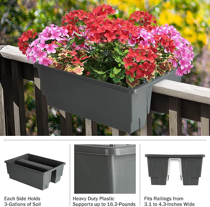 Railing Planter Box 2-Pack - 20.75-Inch Flower Boxes with Removable Drainage Inserts - 6-Gallon Outdoor Planters for Porch, Deck, or Balcony Decor, Fits Rail 3” - 4” by Pure Garden (Gray)
