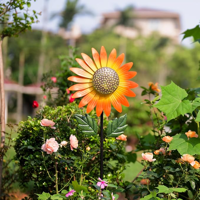 Sunflower Wind Spinner,Garden Windmills and Spinners for Yard,Metal Flowers for Outside,Metal Kinetic Wind Sculptures, 12.8 * 57 Inches