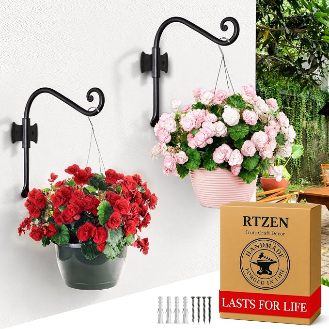 RTZEN Plant Hangers Outdoor or Indoor - Wrought Iron Metal Hanger Indoor Hook - Heavy Duty Wall Bracket Hooks for Hanging Plants Baskets Lanterns Bird Feeders - 2 Pack (Black Axe-Shape Hooks 7.5")