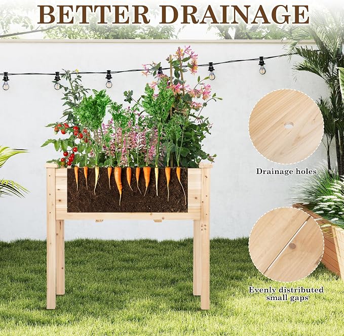 Raised Garden Bed with Legs, 32x16x30 inch Wood Elevated Planter with Protective Liner for Vegetable Flower Herb, Outdoor Planter Box Kit for Balcony Patio Backyard, Natural