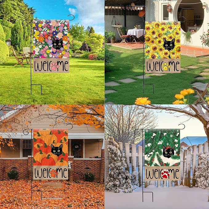 Seasonal Garden Flags Set of 11, Double Sided 12 x 18 Inch Black Cat Yard Flags, Small Flags for Outside, Spring Winter Easter 4th of July Outdoor Flags, Welcome Holiday Garden Flags for All Seasons