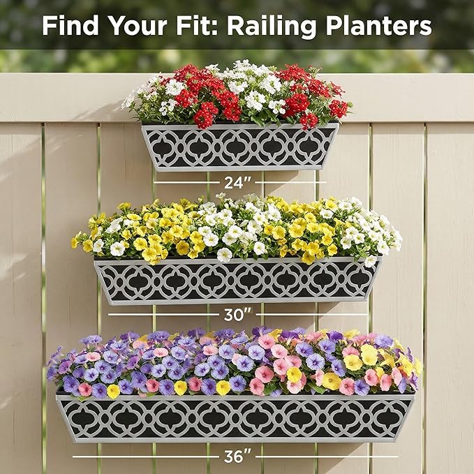 HFHOME 4 Pack 36 Inch Railing Planter Boxes with Adjustable Brackets & Non-Woven Fabric Liner Adjustable Gray Metal Window Box Planter for Balcony Deck Fence, Hanging Flower Basket for Outdoor Garden