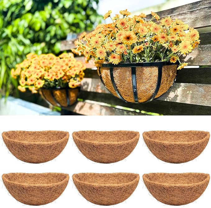 LaLaGreen 10" (6 Pack, Half Round) Coco Liners for Wall Hanging Planter – Small Coir Fiber Husk Replacement for Window Box, Pot, Garden Holder Basket-Also Available in 12/14/16’’ & Different Shapes