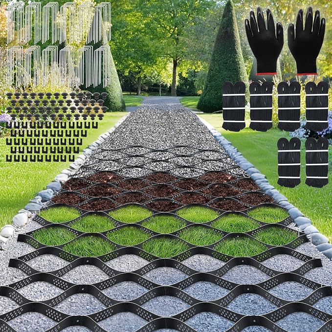 Gravel Grid 120ft X 4ft, 2'' Depth Gravel Stabilizer Grid for Pavers Base, Geogrid 1900 Lbs/Sq Ft Load with 120 Geocell Accessories & Gloves for Driveway Parking Ground Walkway Dirt Locker Slope