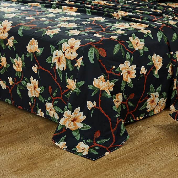 FADFAY Sheets Set Full Shabby Black and Yellow Floral Bedding Elegant Peony Sheets Set Vintage Farmhouse Bedding Soft 100% Egyptian Cotton 800 Thread Count Deep Pocket Fitted Sheet, 4Pcs-Full Size