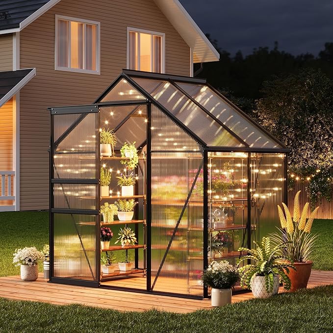 6x4FT Greenhouse for Outdoors, Walk-in Polycarbonate Greenhouse with Sliding Door, Adjustable Roof Vent & Gutter System, Portable Outdoor Green House Kit for Winter Gardening
