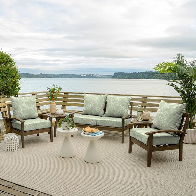 Arden Outdoor Foam Deep Seat Cushion Set, 24 in x 24 in, Weather-Proof, Rain-Proof, Fade Resistant Patio Cushion, Bottom and Back Cushion for Chair, Sofa, and Couch Coastal Green Leaf