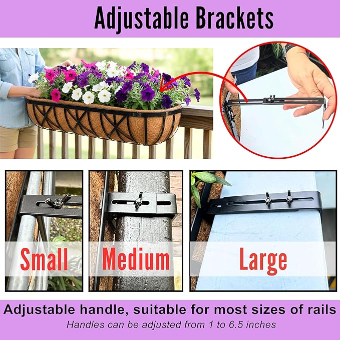 LaLaGreen 30 Inch, 4 Pack Railing Planters with Adjustable Mounting Brackets – Black Metal Window Planter Boxes for Outdoor Gardening, Wall-Mount Flower Pots, Balcony Fence Patio, Porch, Garden