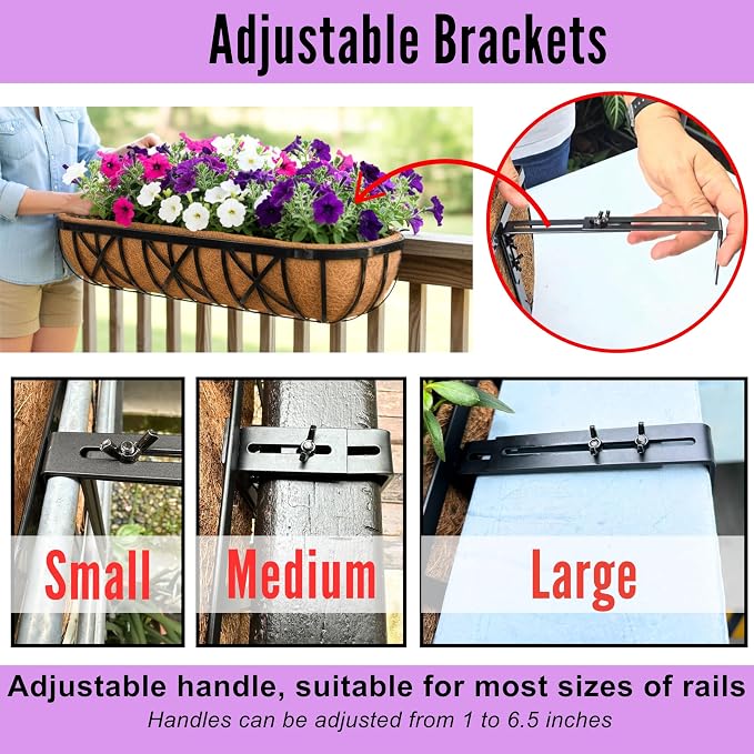 LaLaGreen 24 Inch, 2 Pack Railing Planters with Adjustable Mounting Brackets – Black Metal Window Planter Boxes for Outdoor Gardening, Wall-Mount Flower Pots, Balcony Fence Patio, Porch, Garden